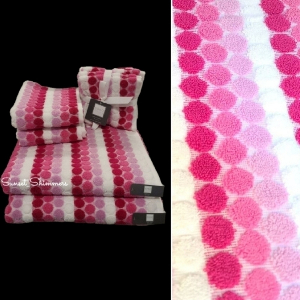 6pc Soho Living Bath Hand Tip Striped Dot Pink Ombre Towel Set New